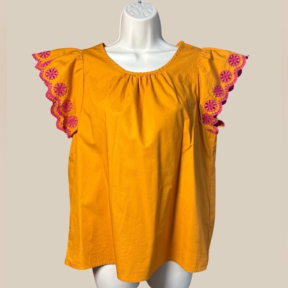 J. Crew Women’s Amber Blouse Flutter Pink Floral Embroidered Sleeve Cutouts SZ M - Picture 1 of 6